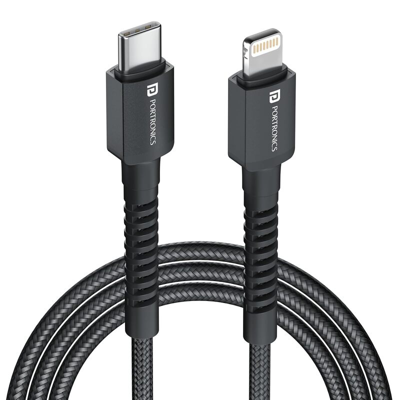 Portronics Konnect X – 27W Type-C to Lightning Cable, 1M, fast charging, durable design, compatible with iPhone, iPad, and more, high-speed data transfer, tangle-free, perfect for everyday use.
