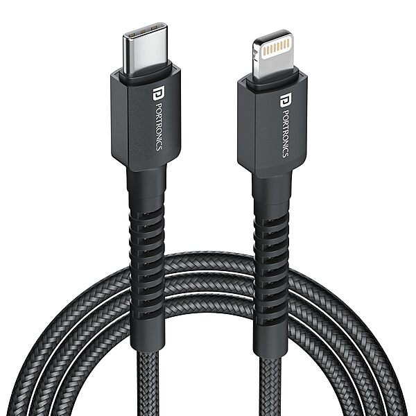 Portronics Konnect X – 27W Type-C to Lightning Cable, 2M, fast charging, durable design, compatible with iPhone, iPad, and more, perfect for quick data transfer and reliable performance.