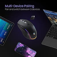 Portronics Toad One Bluetooth Mouse with 2.4 GHz & BT 5.3 Dual Wireless, 6 Buttons, Rechargeable, RGB Lights, Connect 3 Devices, Ergonomic Design for Laptop, Smartphone, Tablet