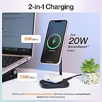 Ambrane 20W MagSafe 2in1 Wireless Charger & Mobile Stand for Both iPhone & Airpods (iPhone 15/15 Plus/15 Pro/15 Pro Max, iPhone 12/13/14 Series) & Qi Devices + Magnetic Ring