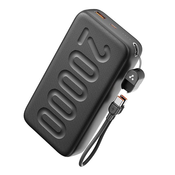 Ambrane 20000mAh Powerbank with in-Build Type C Cable, 22.5W Fast Charging, USB & Type C Output, Power Delivery, Quick Charge  (Stylo N20, Black)