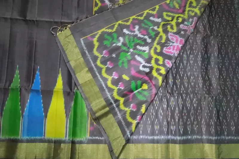 Charcoal Grey Ikat Silk Saree with Multicolor Border & Ikat blouse & Handwoven Pallu