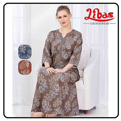 Wooden Brown Alpine Plus Long Sleeve Nighty With Floral Print All Over From Libas Loungewear-LSN209