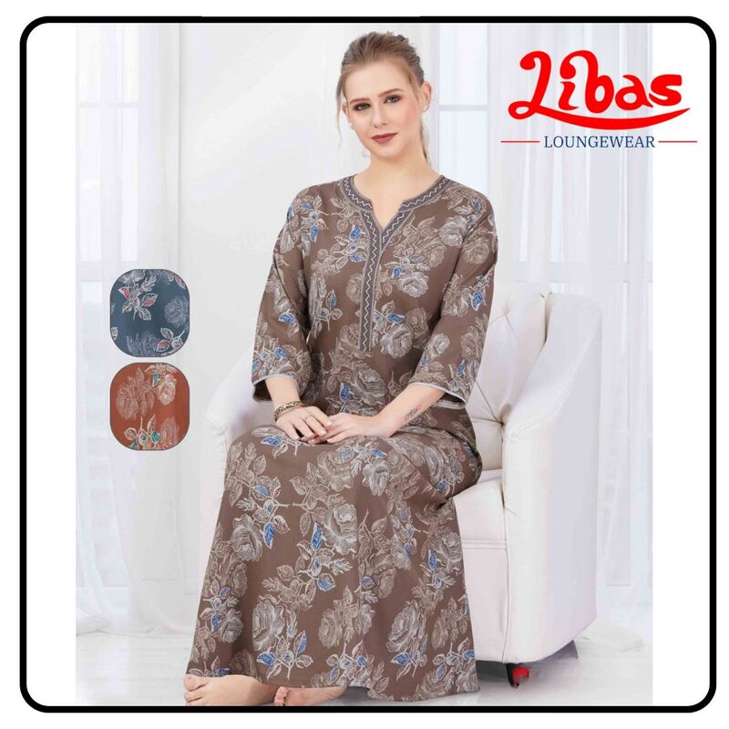 Wooden Brown Alpine Plus Long Sleeve Nighty With Floral Print All Over From Libas Loungewear-LSN209