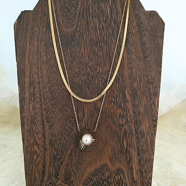 Layered Gold Sunburst Pearl Necklace Set