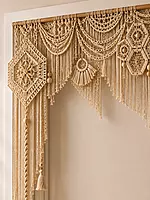 Natural Macrame Door Arch Valance with Geometric Medallions & Fringe
