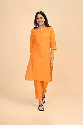 Women V-Neck Long Kurta - Yellow