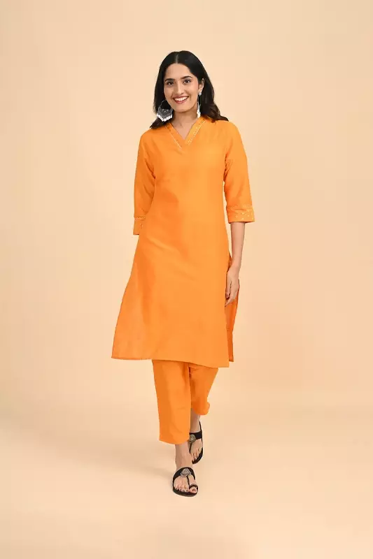 Women V-Neck Long Kurta - Yellow