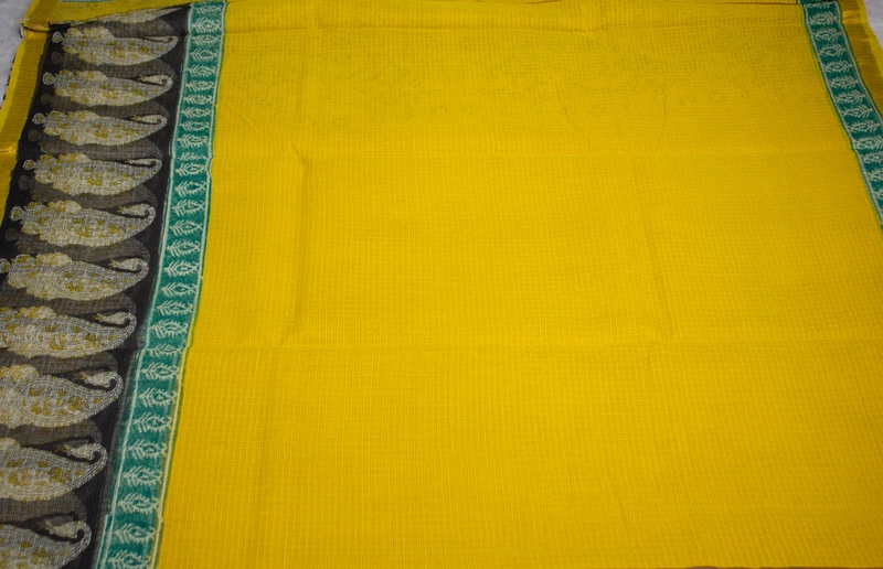Kota Doria - Mustard Yellow and Black with Paisley Print
