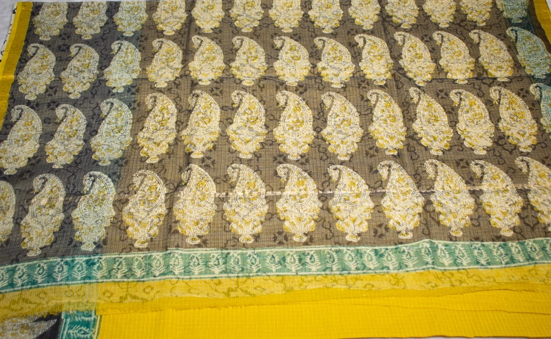 Kota Doria - Mustard Yellow and Black with Paisley Print