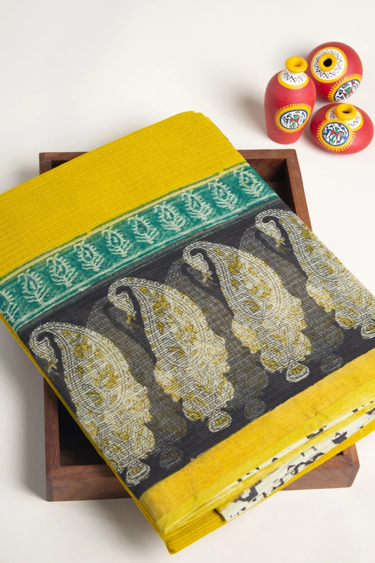 Kota Doria - Mustard Yellow and Black with Paisley Print