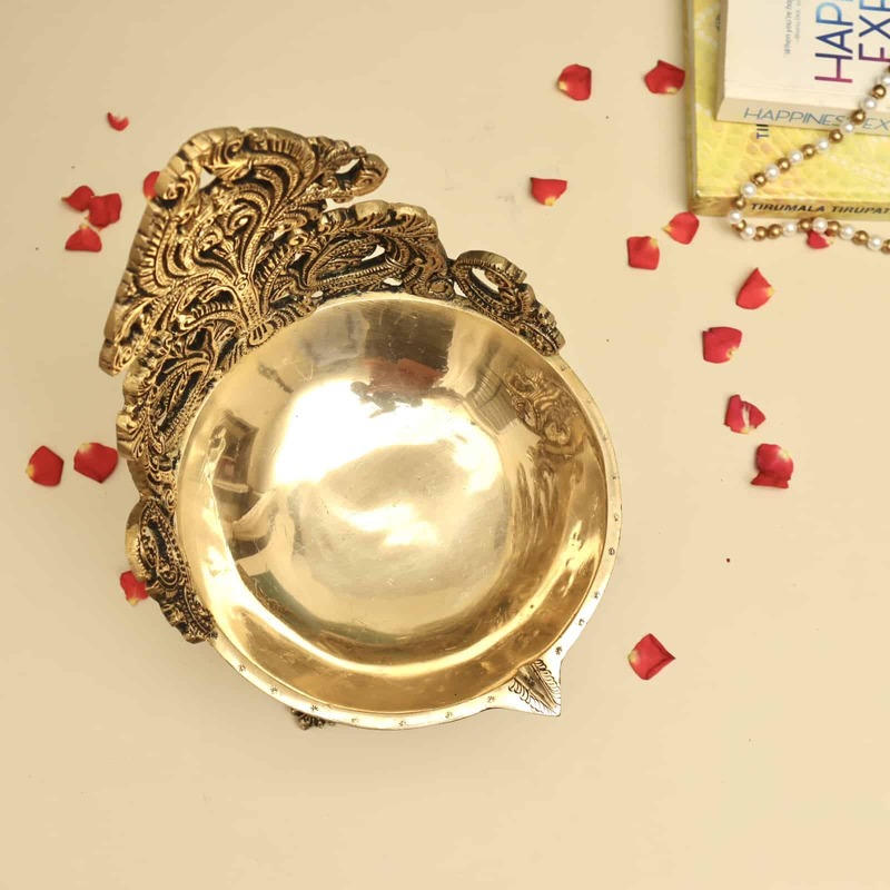 Brass Designer Diya Urli Decorative Bowl Lamp - 11.5 inch Height | Ornate Brass Urli Decorative Bowl Lamp with Intricate Design for Festive Illumination