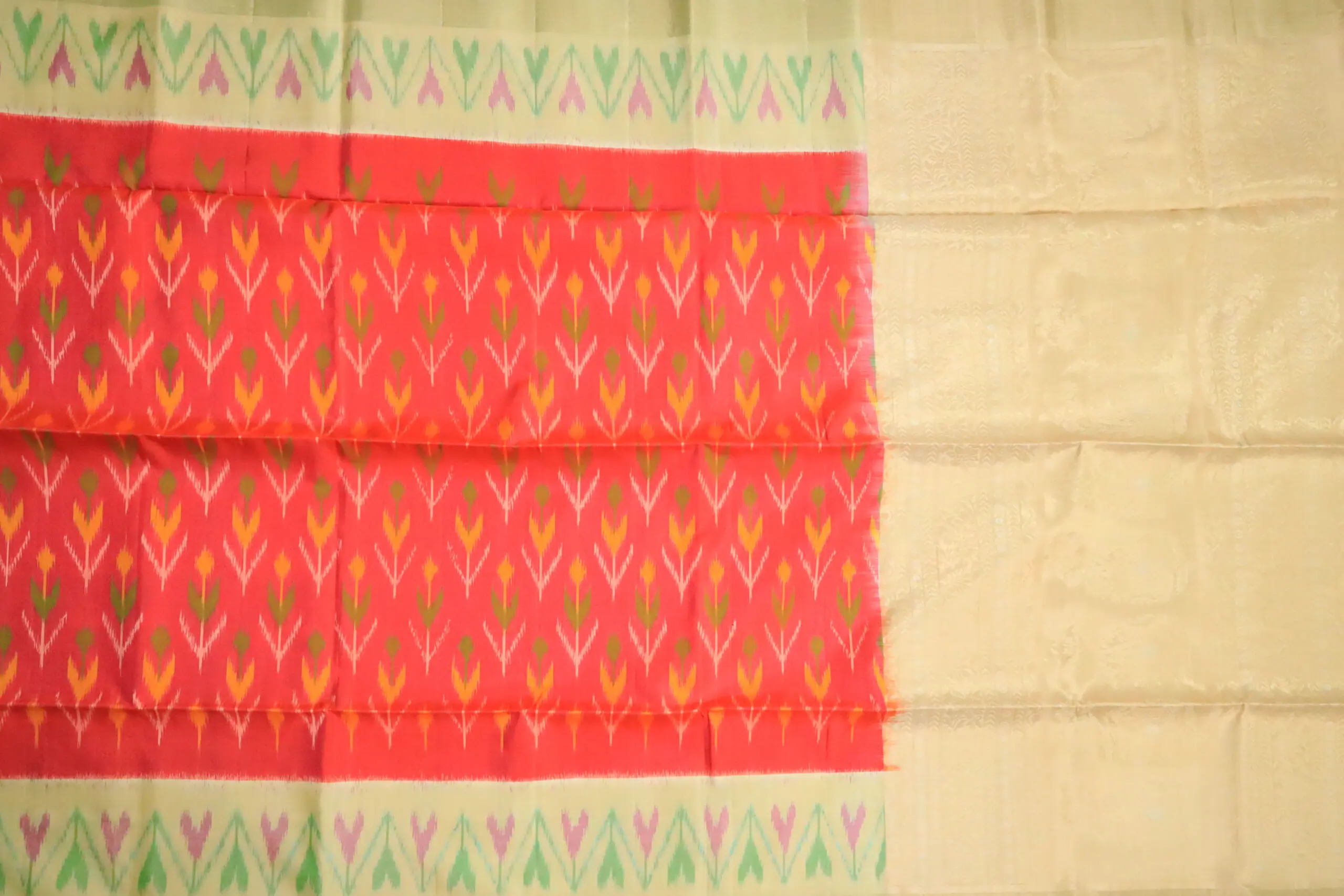 Coral Red Pure Ikat Silk Saree with Traditional Motifs