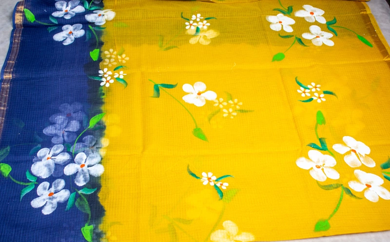 Kota Doria - Turmeric Yellow with Hand painting