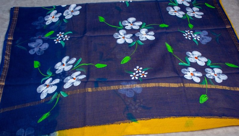 Kota Doria - Turmeric Yellow with Hand painting