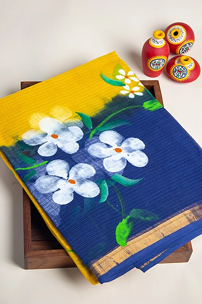 Kota Doria - Turmeric Yellow with Hand painting