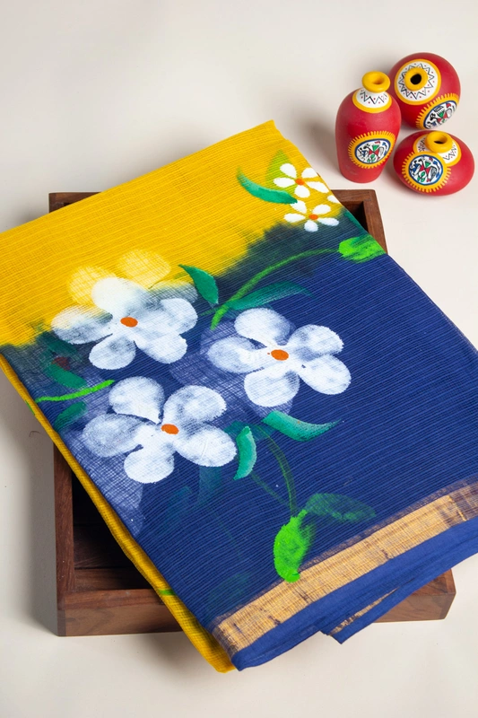 Kota Doria - Turmeric Yellow with Hand painting