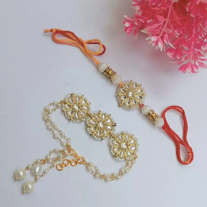 Floral Kundan Bhaiya Bhabhi Rakhi Combo