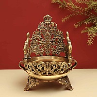Brass Elephant Designer Urli Decorative Bowl - 12 inch Height | Majestic Brass Urli Decorative Bowl with Elephant Design for Royal Decor