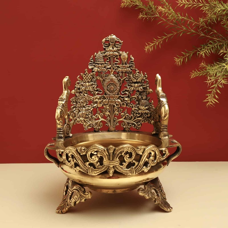Brass Elephant Designer Urli Decorative Bowl - 12 inch Height | Majestic Brass Urli Decorative Bowl with Elephant Design for Royal Decor