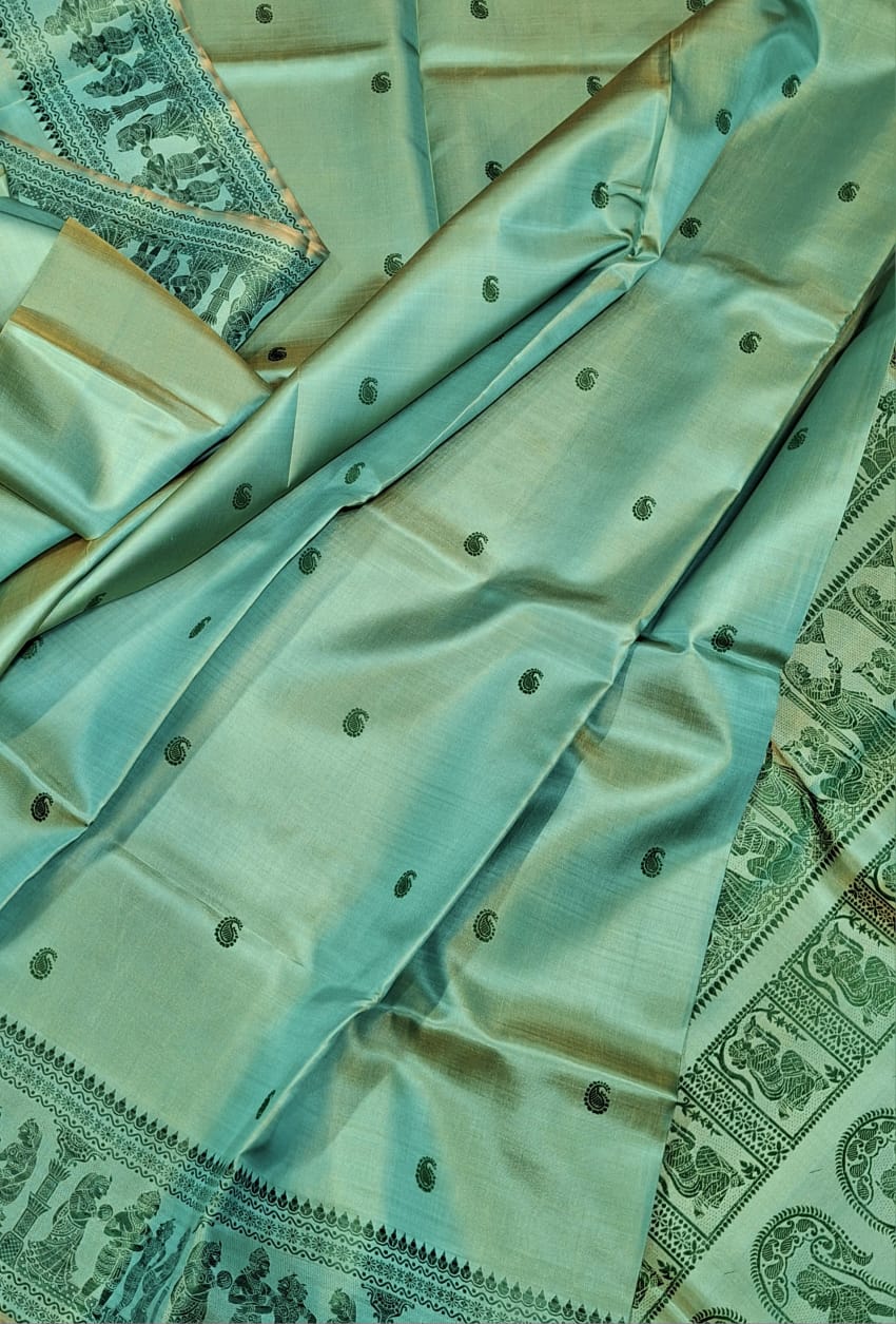 Sea green mustard dual tone body color pure Mulberry silk Baluchari saree