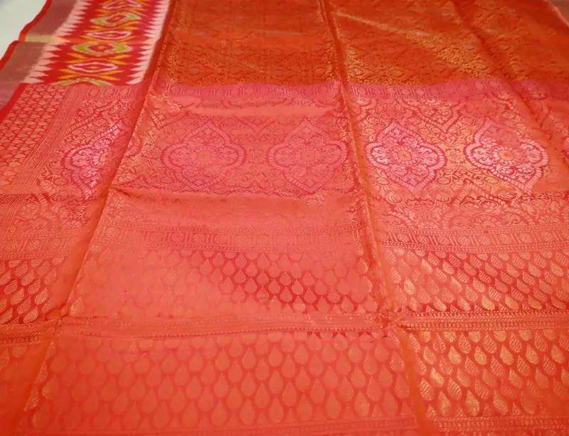 Coral Orange Ikat Silk Saree with Contrast Pallu | Handloom Saree