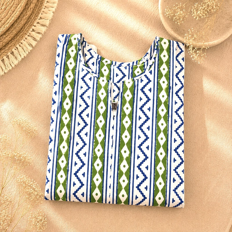 Green Gamthi Block Printed Short Kurti