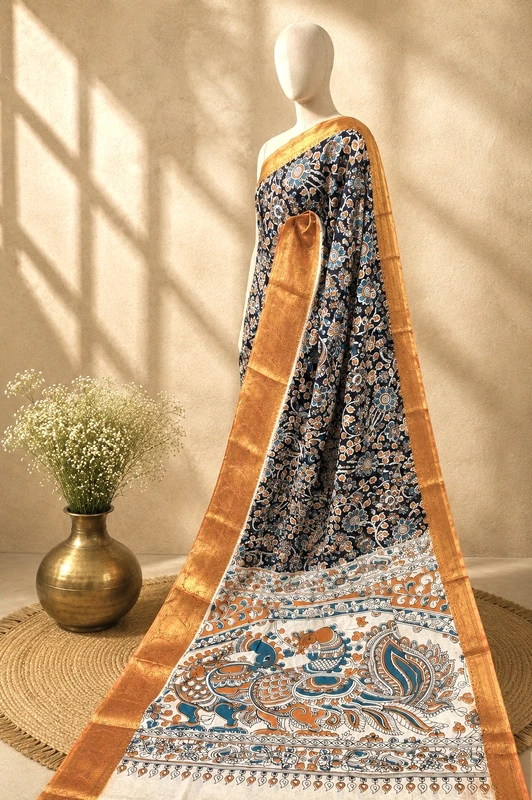 Kalamkari Block Print Silk Cotton Nizam Border Saree #17
