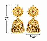 Gold-Tone Floral Jhumka Earrings with Red Centre Stone and Beaded Drops