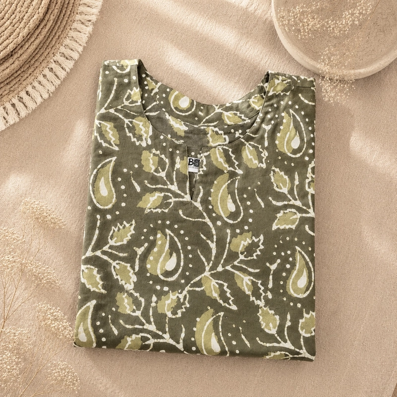 Mehndi Dabu Block Printed Short Kurti-XX-Large