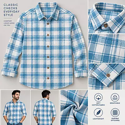 MM Men’s Sky Blue & White Checked Casual Shirt
