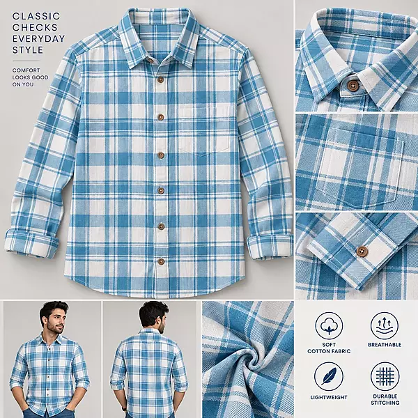 MM Men’s Sky Blue & White Checked Casual Shirt