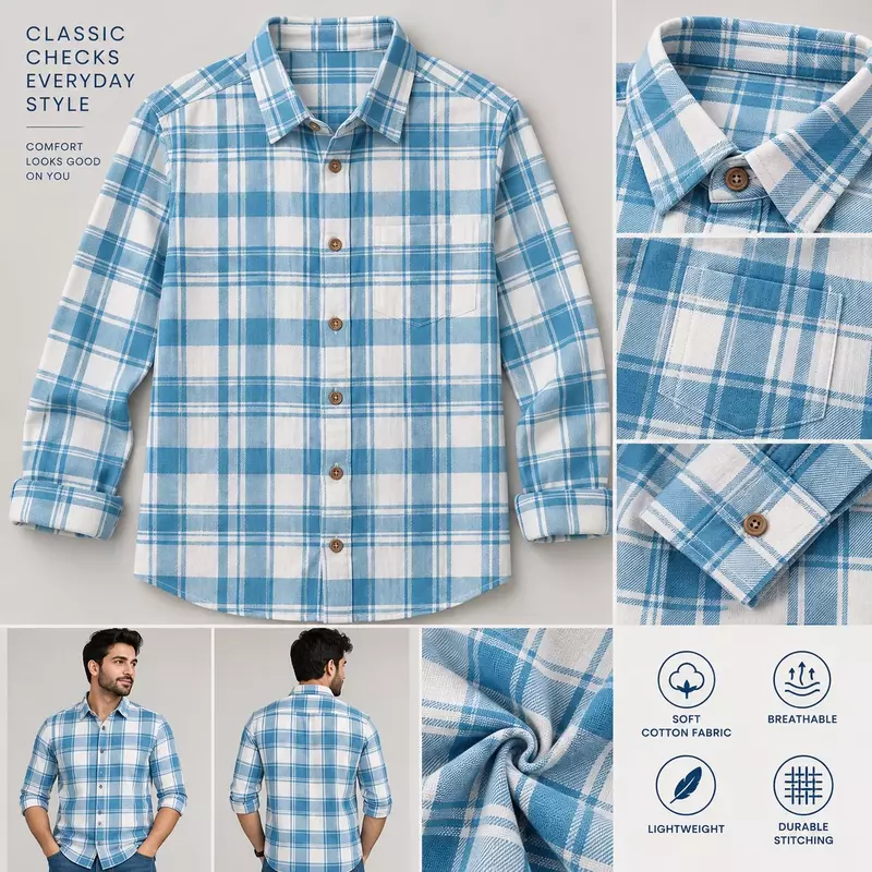 MM Men’s Sky Blue & White Checked Casual Shirt