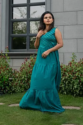 Women Tiered Ethnic Dress - Green