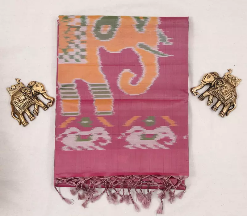 Pink ikat silk saree with elephant motif pallu – Karai kommai design