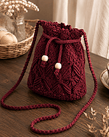 Burgundy Macrame Bucket Bag with Scallop Top & Wooden Beads