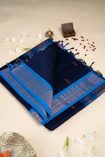 Kalyani Cotton Butta - Navy Blue with Blue border