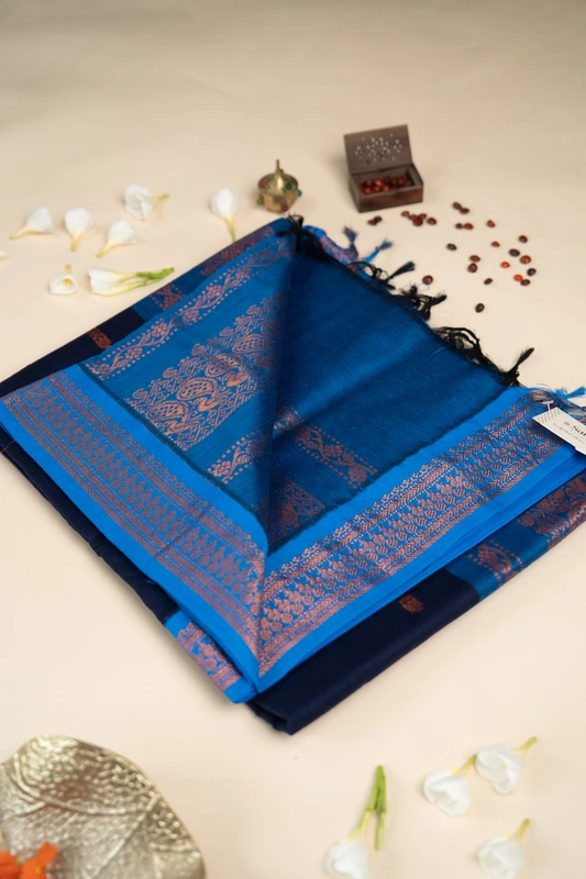 Kalyani Cotton Butta - Navy Blue with Blue border