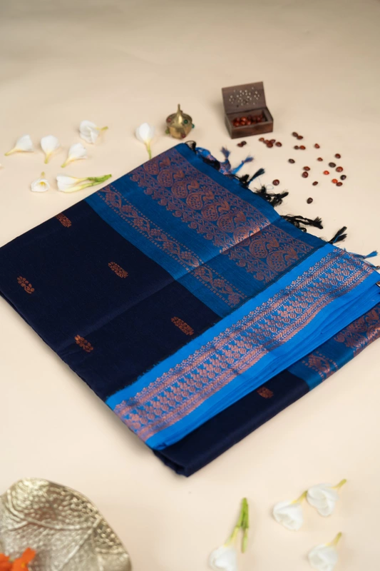 Kalyani Cotton Butta - Navy Blue with Blue border
