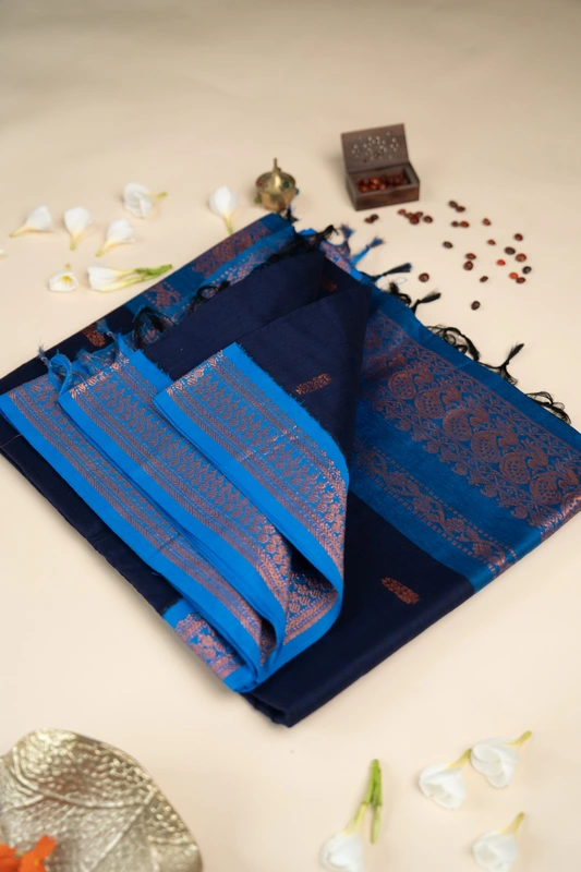 Kalyani Cotton Butta - Navy Blue with Blue border