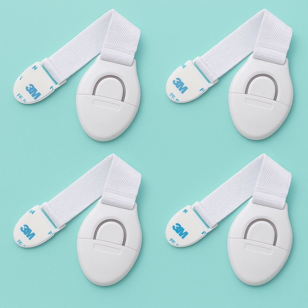 Baby Safety Locks & Latches – Nylon Strap for Doors, Cupboards & Drawers (White, Pack of 4)