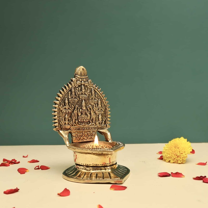 Brass Asta Lakshmi Deepam/Lamp - 6 inch Height | Auspicious Brass Deepam/Lamp with Asta Lakshmi Design for Sacred Lighting