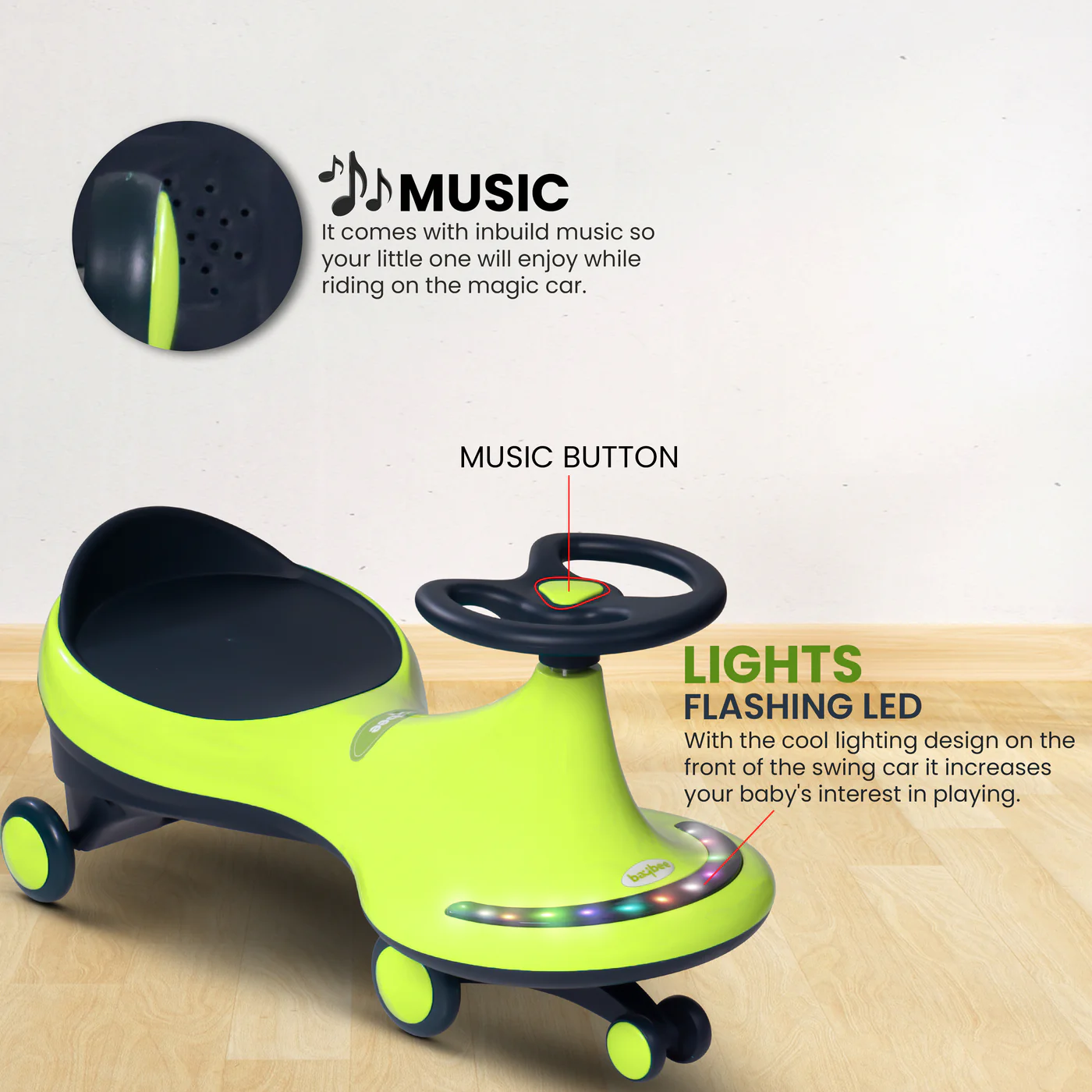 Baybee Trix Go Kids Magic Swing Cars for Kids-Pista Green Baybee Trix Go Kids Magic Swing Cars for Kids-Pista Green