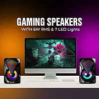 Lapcare LUS‑003: 6 W (3 W × 2) USB‑powered gaming speakers with 360° stereo sound, 7‑color LED lights, AUX input, inline volume control, 150 Hz‑20 kHz freq. range. warranty.