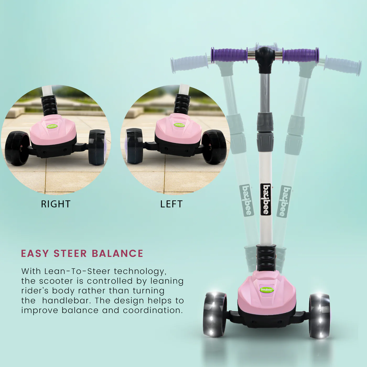 Baybee Phantom Skate Scooter for Kids, Foaldble 3 Wheel Kids Scooter with 3 Height Adjustable- Pink