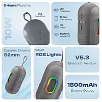 Ozzie LBS-102 10W Bluetooth Speaker – RGB Light | TWS Stereo | 8H Playtime | Grey