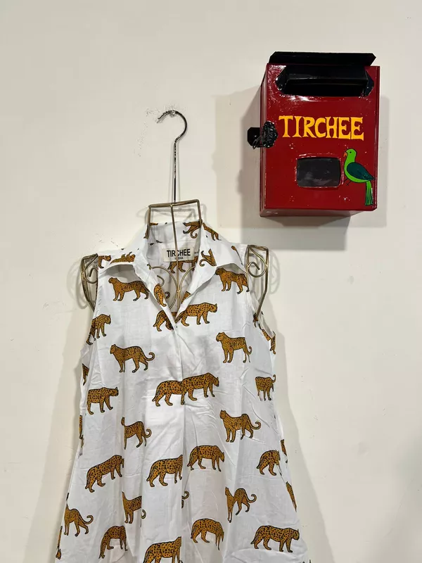 Kashish's Sleeve-less Shirt Dress - White & Cheetah