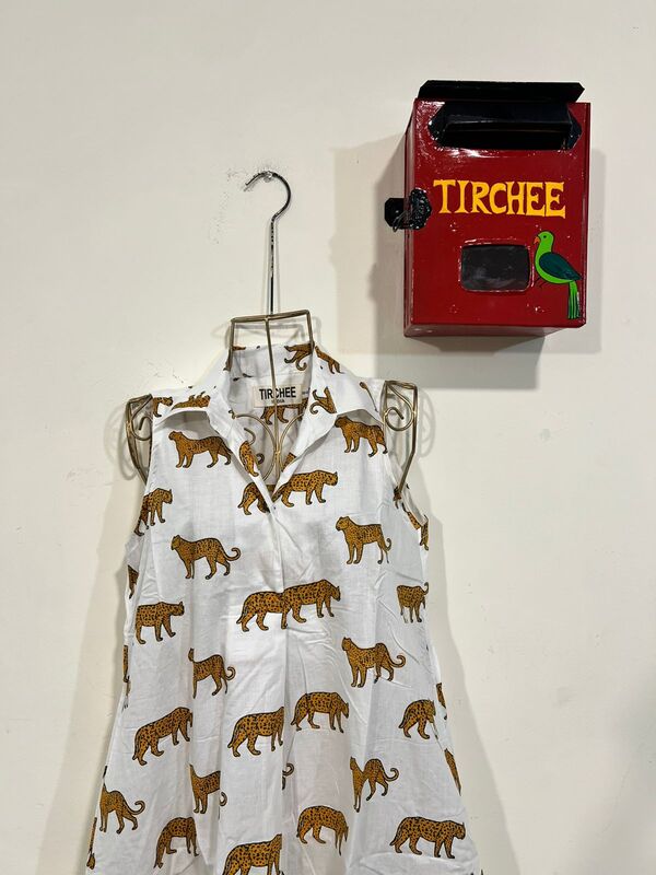 Kashish's Sleeve-less Shirt Dress - White & Cheetah