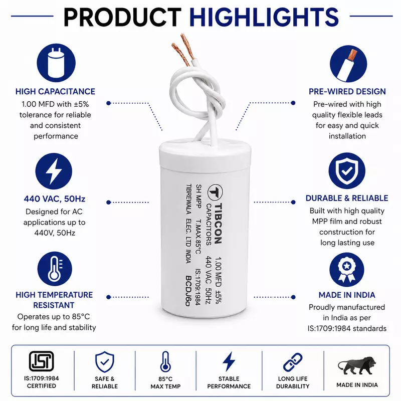 Tibcon 1 MFD Motor Capacitor | 440V | PP | Dry
