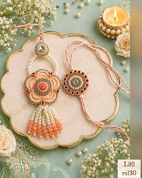 Royal Peach Floral Bhai Bhabhi Rakhi & Lumba Set